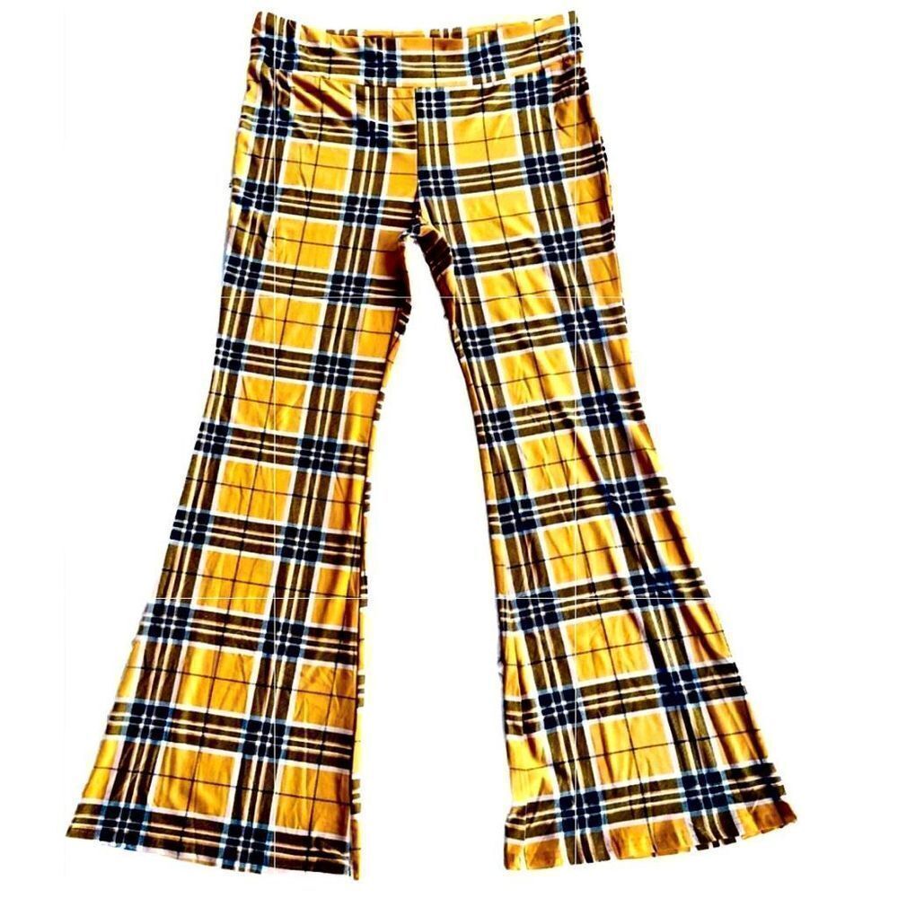 NWT No Boundaries Sz XXL Yellow Black Plaid High Rise Pull On Flare Comfy Pants